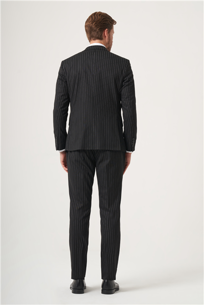 Siyah Mono Yaka Çizgili 6 Drop Slim Fit Tam Astar Esnek Takım Elbise 1001260149
