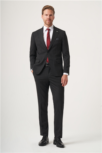 Siyah Mono Yaka Çizgili 6 Drop Slim Fit Tam Astar Esnek Takım Elbise 1001260149
