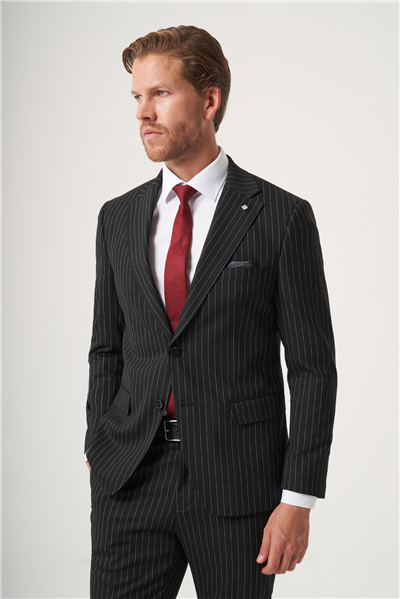 Siyah Mono Yaka Çizgili 6 Drop Slim Fit Tam Astar Esnek Takım Elbise 1001260149
