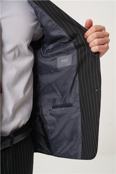 Siyah Mono Yaka Çizgili 6 Drop Slim Fit Tam Astar Esnek Takım Elbise 1001260149