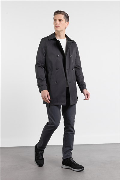 Siyah Mono Yaka Düz Classic Comfort Fit Trençkot 1006260150
