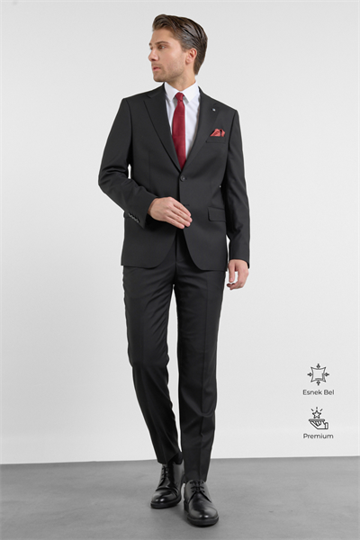 Siyah Mono Yaka Esnek Bel 6 Drop Comfort Fit Tam Astar Esnek Takım Elbise 1001260151