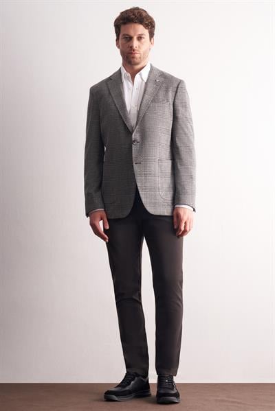 Siyah Mono Yaka Ekose Desen Pamuklu 6 Drop Comfort Fit Classic Ceket 1002255152