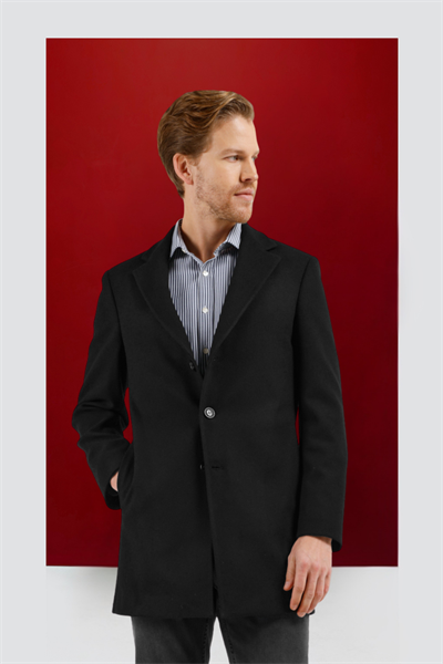 Siyah Mono Yaka Esnek Slim Fit Classic Kaşe Palto 1005255101