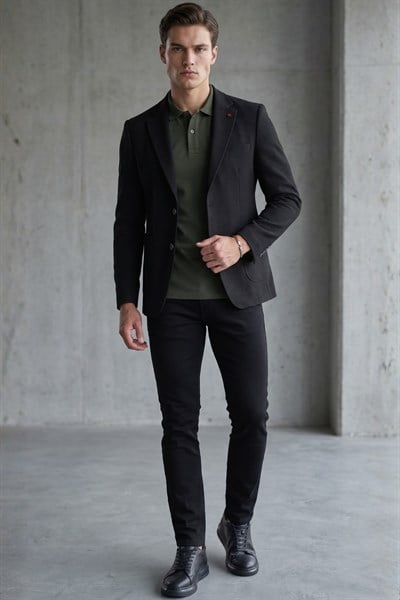 Siyah Siyah Mono Yaka Gofreli 6 Drop Slim Fit Esnek Ceket 1002260150