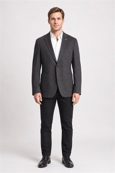 Siyah Mono Yaka Kendinden Desenli Esnek 6 Drop Comfort Fit Classic Ceket 1002255155