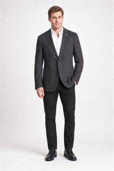 Siyah Mono Yaka Kendinden Desenli Esnek 6 Drop Comfort Fit Classic Ceket 1002255155