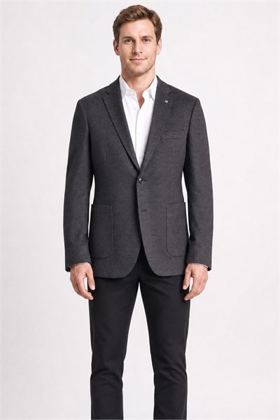 Siyah Mono Yaka Kendinden Desenli Esnek 6 Drop Comfort Fit Classic Ceket 1002255155