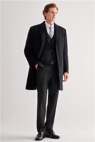 Siyah Mono Yaka Palto Tam Astar Classic Comfort Fit Yünlü Kaşe Palto 1005255151