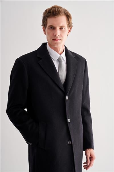 Siyah Mono Yaka Palto Tam Astar Classic Comfort Fit Yünlü Kaşe Palto 1005255151