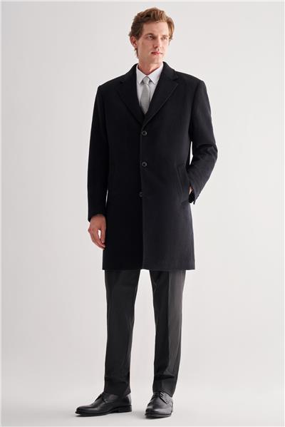 Siyah Mono Yaka Palto Tam Astar Classic Comfort Fit Yünlü Kaşe Palto 1005255151