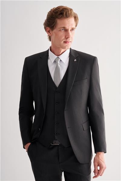 Siyah Mono Yaka Çizgili Yelekli 6 Drop Slim Fit Tam Astar Esnek Takım Elbise 1001255151