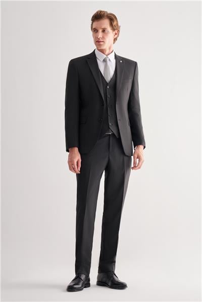 Siyah Mono Yaka Çizgili Yelekli 6 Drop Slim Fit Tam Astar Esnek Takım Elbise 1001255151