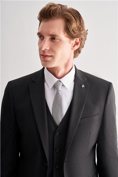 Siyah Mono Yaka Çizgili Yelekli 6 Drop Slim Fit Tam Astar Esnek Takım Elbise 1001255151