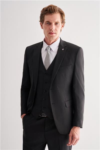 Siyah Mono Yaka Çizgili Yelekli 6 Drop Slim Fit Tam Astar Esnek Takım Elbise 1001255151
