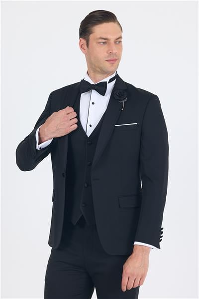 Siyah Mono Yaka Tek Düğme Slim Fit Yelekli Ceremony Takım Elbise 1001250201
