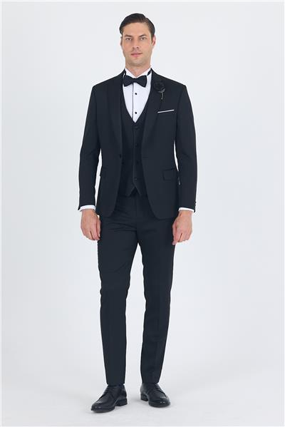 Siyah Mono Yaka Tek Düğme Slim Fit Yelekli Ceremony Takım Elbise 1001250201