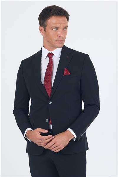 Siyah Mono Yaka Yarım Astar 6 Drop Slim Fit   Beli Lastikli Takım Elbise 1001250121