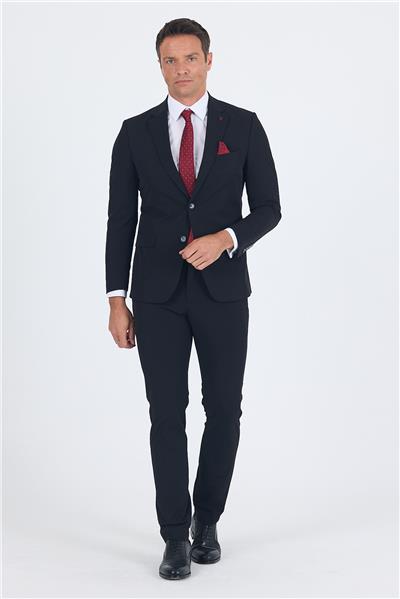 Siyah Mono Yaka Yarım Astar 6 Drop Slim Fit   Beli Lastikli Takım Elbise 1001250121