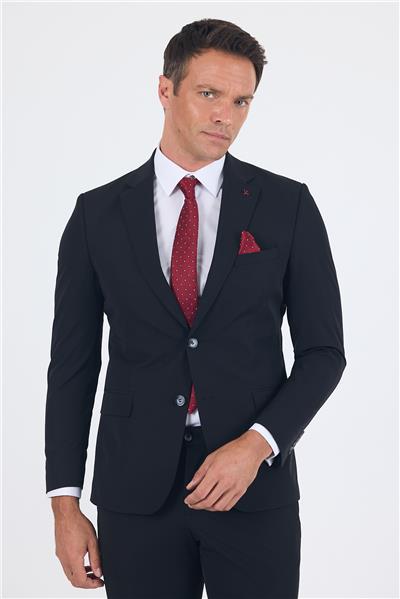 Siyah Mono Yaka Yarım Astar 6 Drop Slim Fit   Beli Lastikli Takım Elbise 1001250121