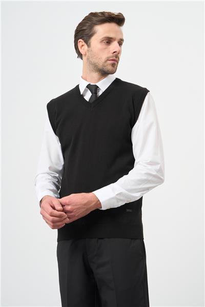 Siyah Düz Örme V Yaka Classic Comfort Fit Triko 1012245003