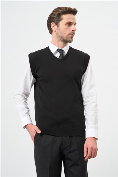 Siyah Düz Örme V Yaka Classic Comfort Fit Triko 1012245003
