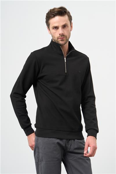 Siyah Örme Hakim Yaka Pamuklu Casual Slim Fit Dar Kesim Sweatshirt 1013245151