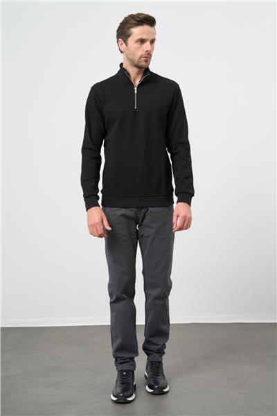 Siyah Örme Hakim Yaka Pamuklu Casual Slim Fit Dar Kesim Sweatshirt 1013245151