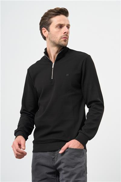 Siyah Örme Hakim Yaka Pamuklu Casual Slim Fit Dar Kesim Sweatshirt 1013245151