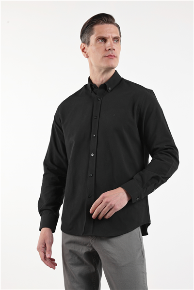 Siyah Oxford Düğmeli Yaka Uzun Kol Cepsiz Slim Fit Pamuklu Gömlek 1004260182