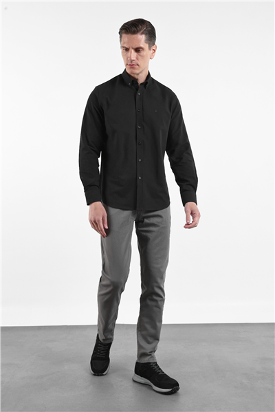 Siyah Oxford Düğmeli Yaka Uzun Kol Cepsiz Slim Fit Pamuklu Gömlek 1004260182