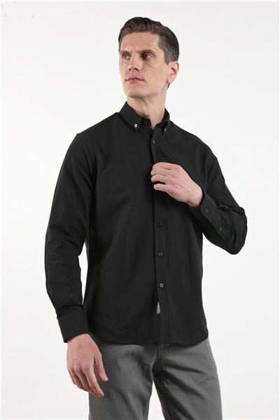 Siyah Oxford Düğmeli Yaka Uzun Kol Cepsiz Slim Fit Pamuklu Gömlek 1004260182