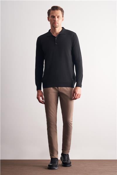 Siyah Polo Yaka Cepsiz Comfort Fit Classic Yünlü Triko Kazak 1012255007