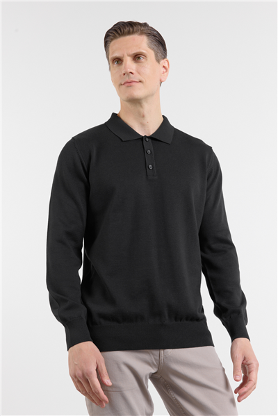 Siyah Polo Yaka Cepsiz Comfort Fit Classic Triko Kazak 1012255255