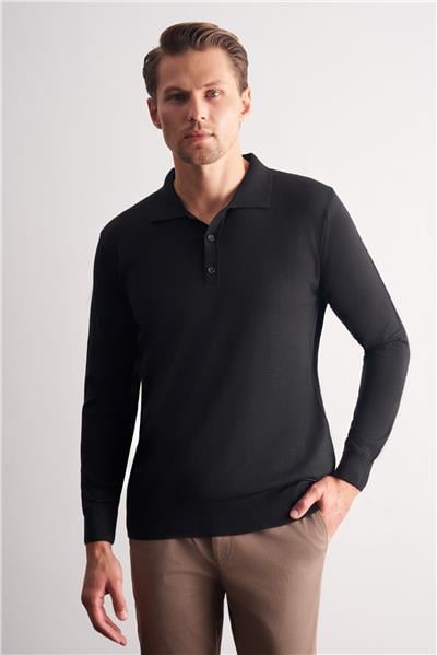 Siyah Polo Yaka Cepsiz Comfort Fit Classic Yünlü Triko Kazak 1012255007