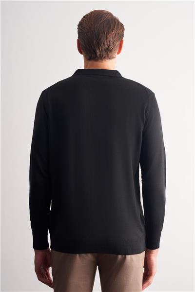 Siyah Polo Yaka Cepsiz Comfort Fit Classic Yünlü Triko Kazak 1012255007