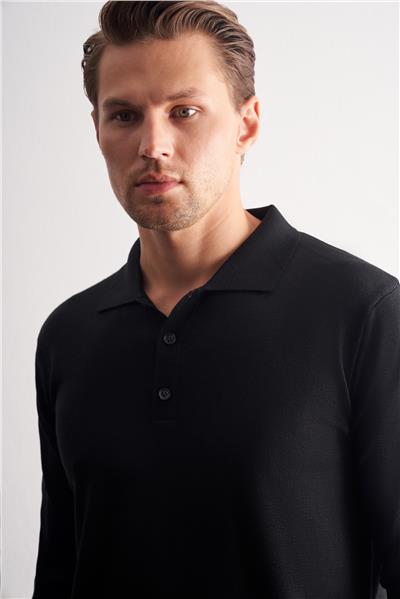 Siyah Polo Yaka Cepsiz Comfort Fit Classic Yünlü Triko Kazak 1012255007