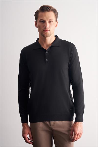 Siyah Polo Yaka Cepsiz Comfort Fit Classic Yünlü Triko Kazak 1012255007
