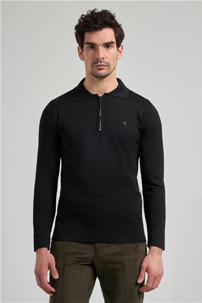 Siyah Polo Yaka Düz Casual Pamuklu Slim Fit Triko 1012245250