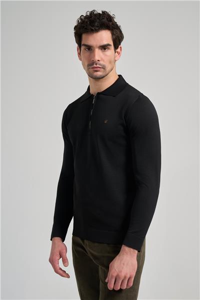 Siyah Polo Yaka Düz Casual Pamuklu Slim Fit Triko 1012245250