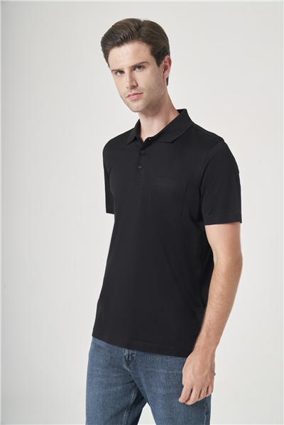 Siyah Polo Yaka Kısa Kol Cepli Comfort Fit %100 Pamuk Tişört 1011260163