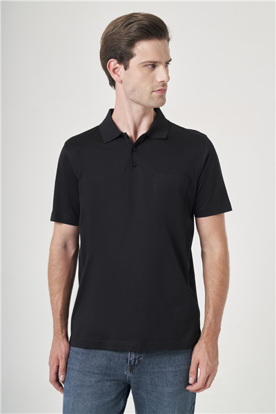 Siyah Polo Yaka Kısa Kol Cepli Comfort Fit %100 Pamuk Tişört 1011260163