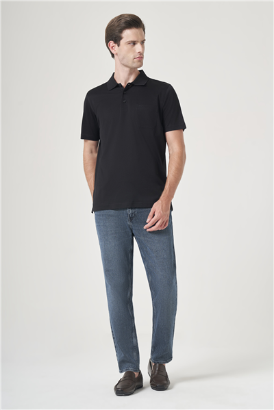 Siyah Polo Yaka Kısa Kol Cepli Comfort Fit %100 Pamuk Tişört 1011260163