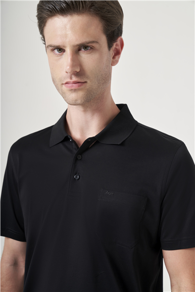 Siyah Polo Yaka Kısa Kol Cepli Comfort Fit %100 Pamuk Tişört 1011260163