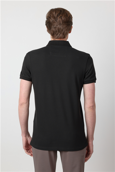 Siyah Polo Yaka Kısa Kol Cepsiz Slim Fit Pamuklu Tişört 1011260154