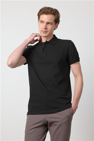 Siyah Polo Yaka Kısa Kol Cepsiz Slim Fit Pamuklu Tişört 1011260154