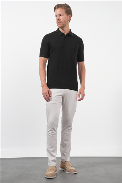 Siyah Polo Yaka Kısa Kol Örme Comfort Fit %100 Pamuk Kazak 1012260151