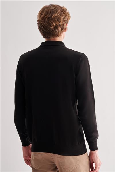 Siyah Polo Yaka Uzun Kol Cepsiz Comfort Fit Pamuklu Triko Kazak 1012255214