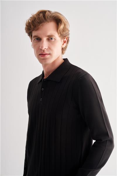 Siyah Polo Yaka Uzun Kol Cepsiz Comfort Fit Pamuklu Triko Kazak 1012255214