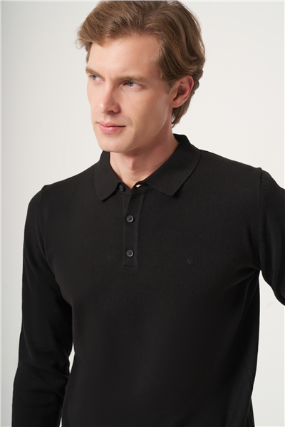 Siyah Polo Yaka Uzun Kol Örme Comfort Fit Pamuklu Kazak 1012265007